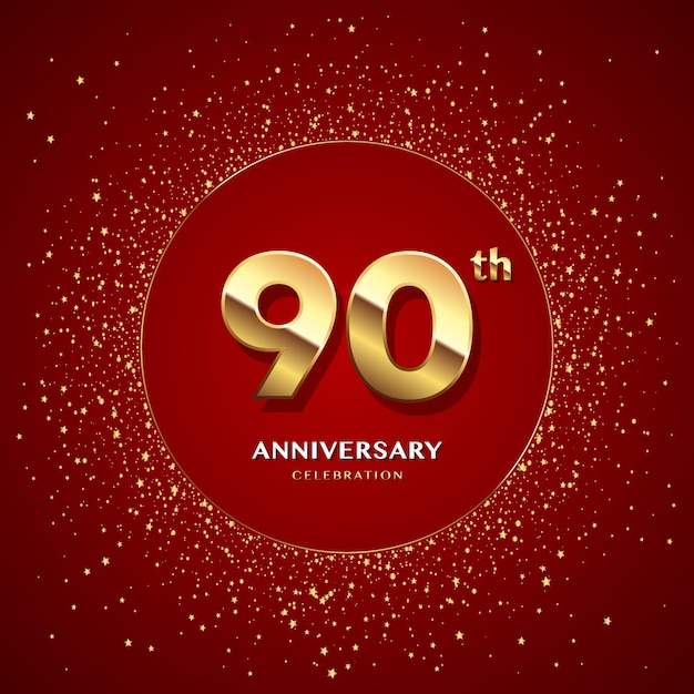 90e verjaardagslogo met gouden cijfers en glitter geïsoleerd op een rode achtergrond
