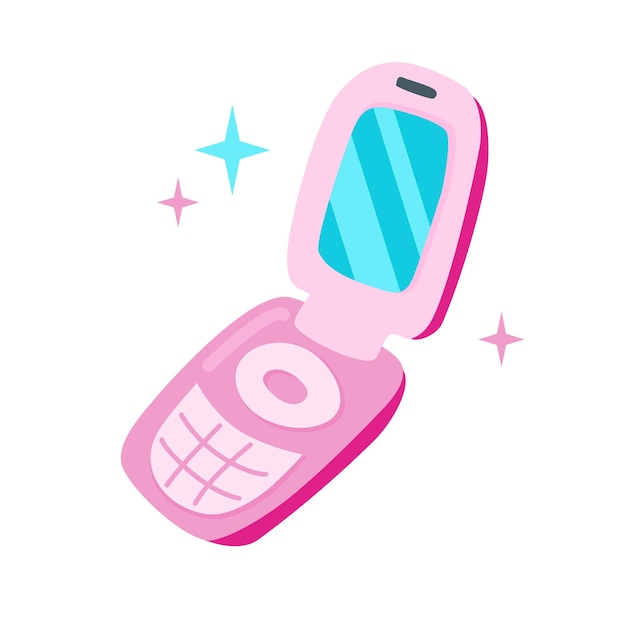 90s 00s pink glamorous flip mobile phone illustration in flat cartoon style