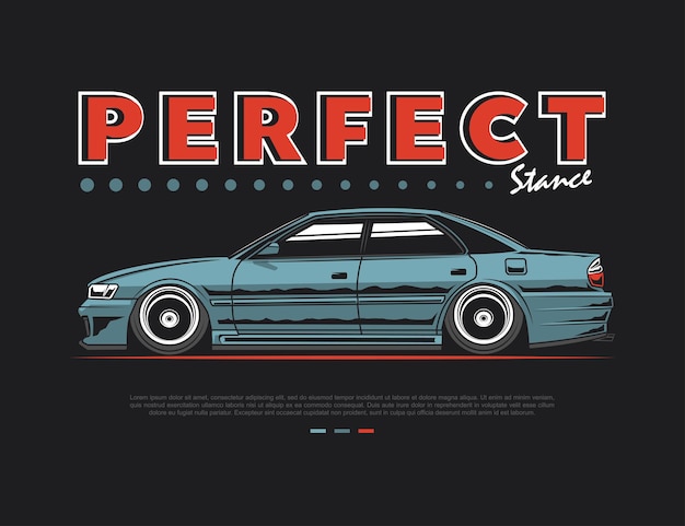 Vector 90s car vehicle in side appearance vector illustation with blue tone and perfect text design grahic