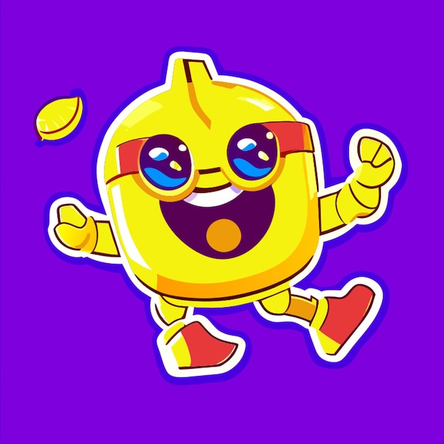 Vector 90s comic vector sticker illustration of happy cute cartoon robot wearing glasses smiling
