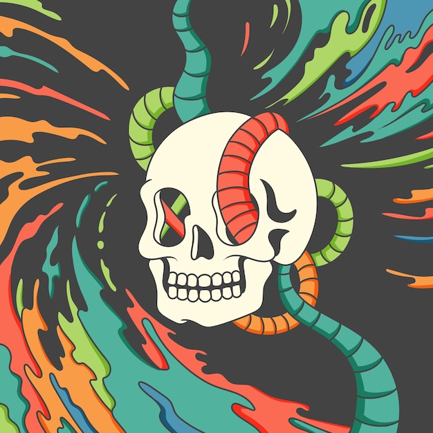 90s groovy skeleton with abstract background illustration