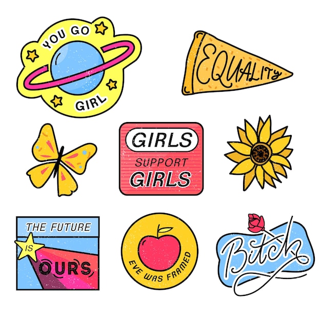 Vector 90s patches with feminism slogans you go girl girls support girls bitch sign 80s style pin design