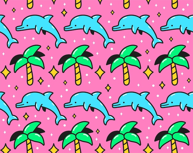 90s pink retro vintage palm and  jump dolphin seamless pattern. vector cartoon doodle character illustration wallpaper design. 90s,80s,dolphin,palm print for poster,t-shirt seamless pattern concept