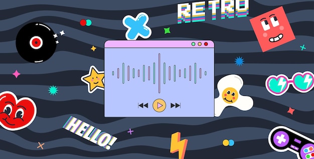 90s retro background with different object Ui elements nostalgic game icons and dialog boxes vector set