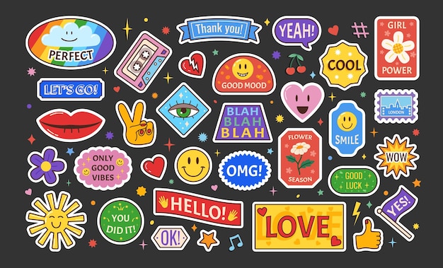 90s stijl stickers y2k muziek retro emblemen glimlach gezicht leuke vormen vintage grappige tape pack trendy coole collage cartoon personages trendy 70s label vector grafische uitspreken iconen positieve zinnen