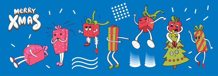 Vector 다른 선물 상자 캐릭터가 있는 90년대 스타일의 메리 크리스마스 배너 재미있는 크리스마스 선물