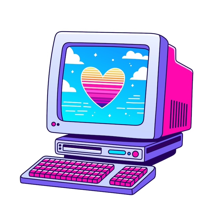 Vector 90s valentines day card in flat style line style hand drawn computer vector illustration patch