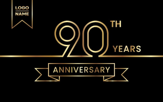 90th Anniversary template design with gold color and ribbon Line Art Design Vector Template