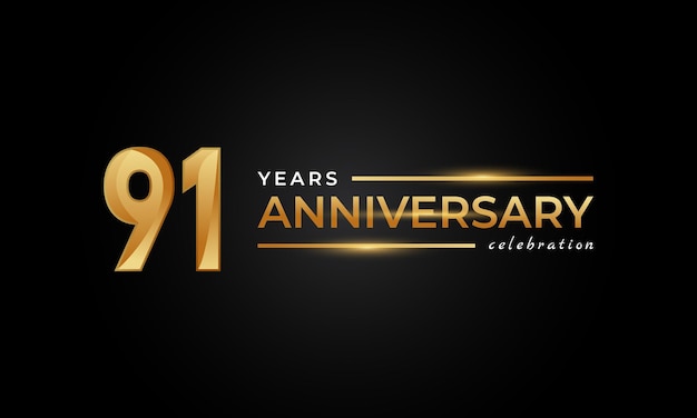 91 year anniversary celebration with shiny golden and silver color isolated on black background