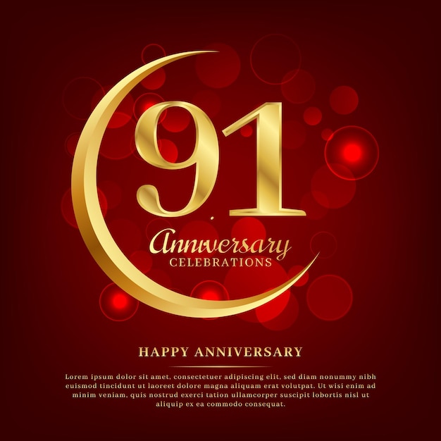 91 years anniversary with golden moon and red shiny background added with text for congratulations words