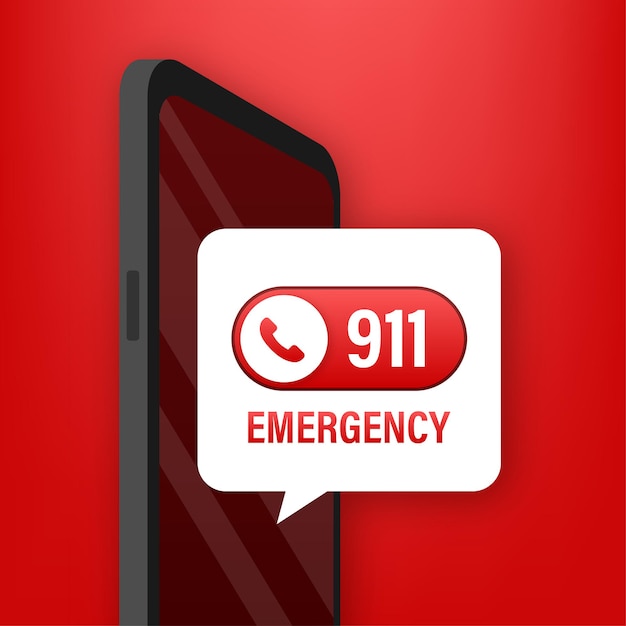 Smartphone 911 in stile piatto. chiama il vettore dell'icona. smartphone della tenuta della mano. primo soccorso. schermo tattile con le dita. illustrazione di riserva di vettore.