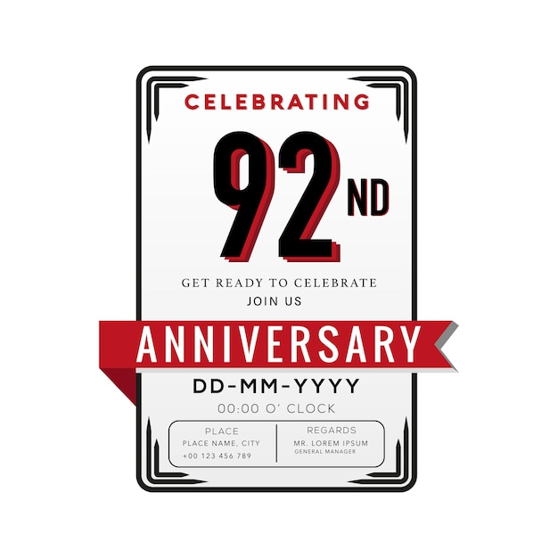 92 jaar verjaardag Logo viering en uitnodigingskaart met rood lint geïsoleerd.