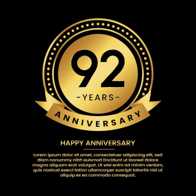 92 years anniversary banner with luxurious golden circles and halftone on a black background and replaceable text speech