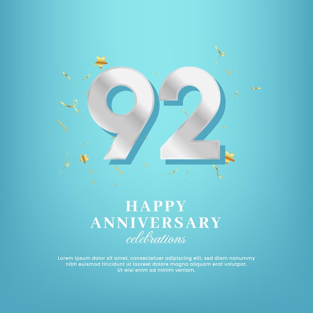 92nd anniversary vector template with a white number and confetti spread on a gradient background