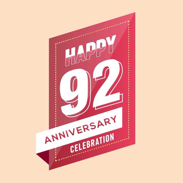 Vector 92nd years anniversary logo template on brown background. celebrating white numbers and ribbon.