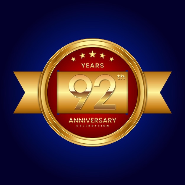 92th Anniversary logo with badge style Anniversary logo with golden color and ribbon Logo Vector