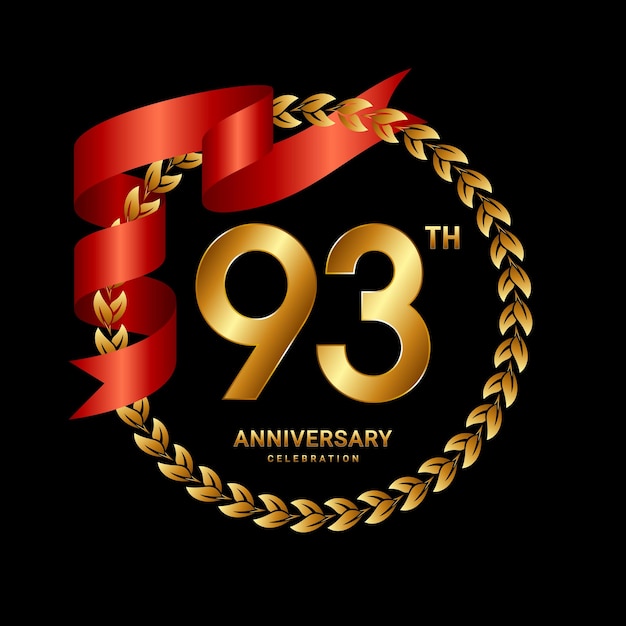 Vector 93th anniversary logo design with laurel wreath and red ribbon logo vector template