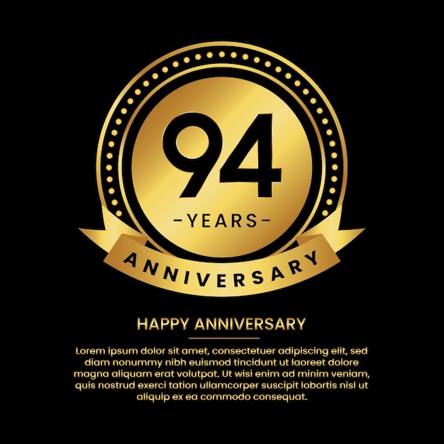 94 years anniversary banner with luxurious golden circles and halftone on a black background and replaceable text speech