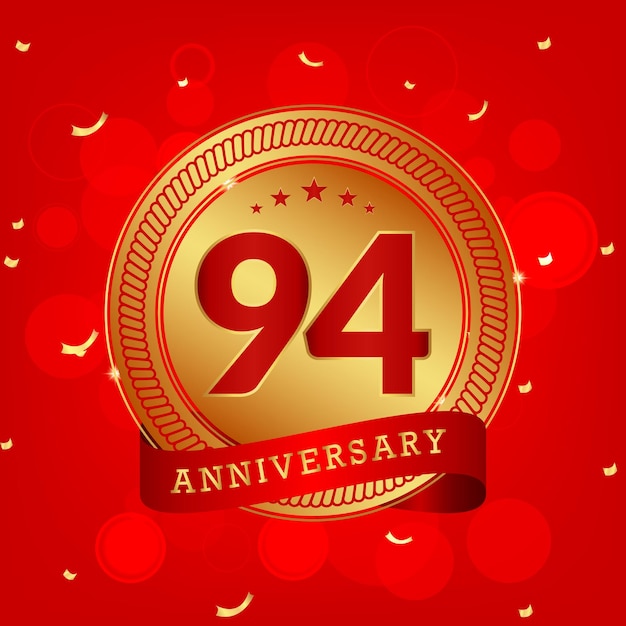 94 years anniversary with golden number and red background