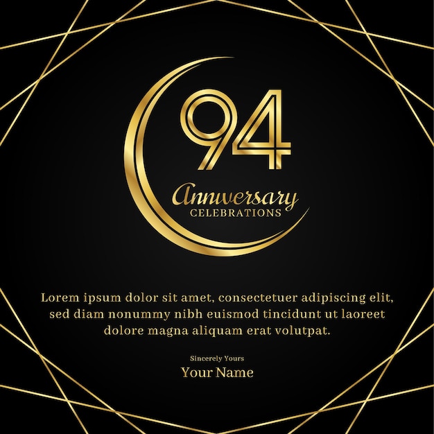 94 years anniversary with a half moon design double lines of gold color numbers and text anniversary celebrations on a luxurious black and gold background