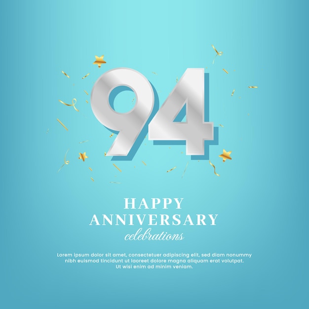 94e verjaardag vector sjabloon met een wit nummer en confetti verspreid over een achtergrond met kleurovergang