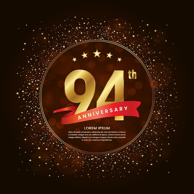 94th anniversary logo with a golden number and a red ribbon decorated with glitter stars