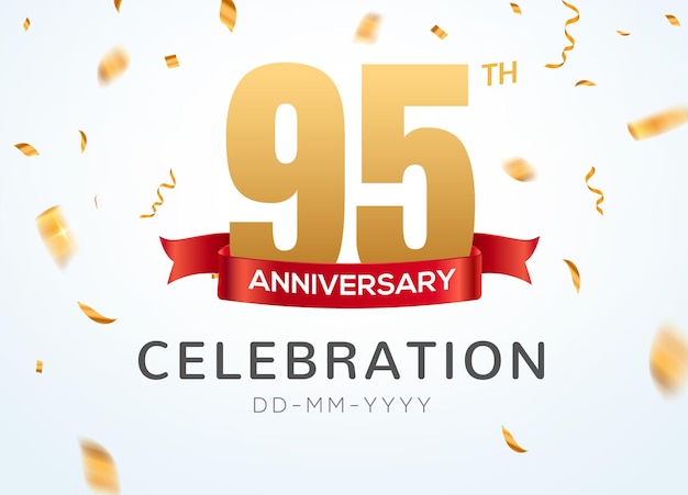 95 numeri d'oro dell'anniversario con coriandoli dorati. modello di festa evento celebrazione 95 ° anniversario.