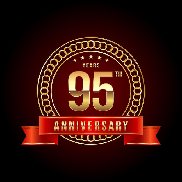 95e verjaardag logo-ontwerp met gouden nummer en rood lint vector logo template illustratie