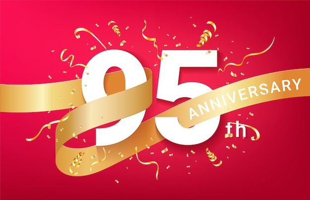 Vector 95th anniversary celebration banner template. big numbers with sparkles golden confetti and glitters ribbon.