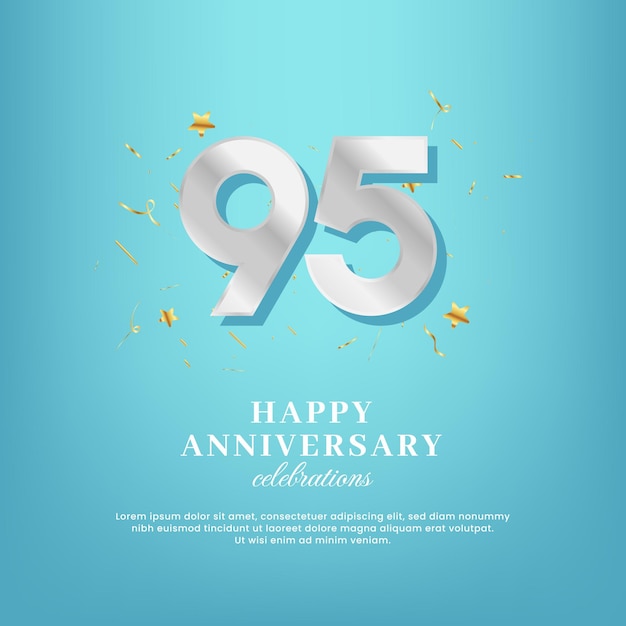 95th anniversary vector template with a white number and confetti spread on a gradient background