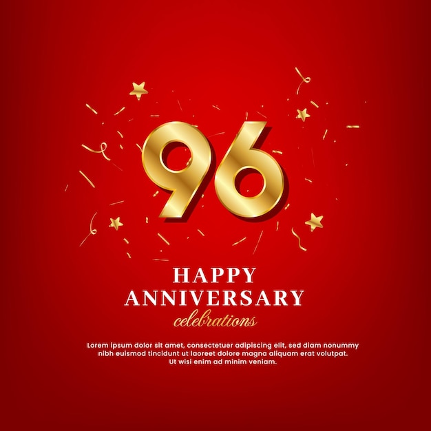 赤い背景に金色の紙吹雪が広がる、テキストと記念日のお祝いのテキストを祝う96周年の黄金の数字の記念日