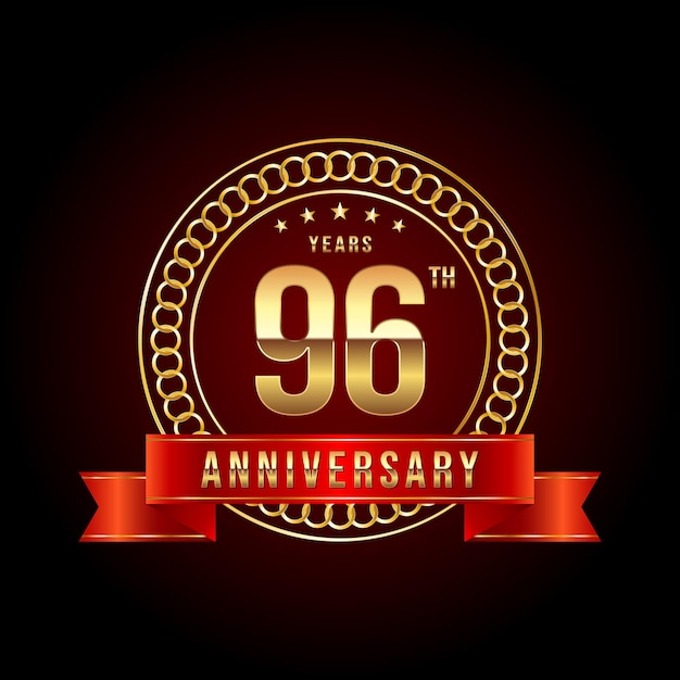 96e verjaardag logo-ontwerp met gouden nummer en rood lint Vector Logo Template Illustratie