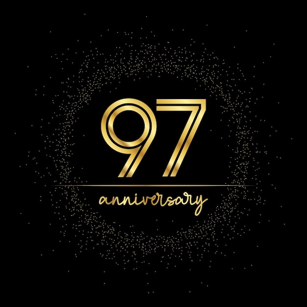 97 years golden number for anniversary with golden glitter and line on a black background