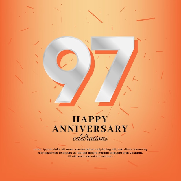 97th anniversary vector template with a white number and confetti spread on an orange background