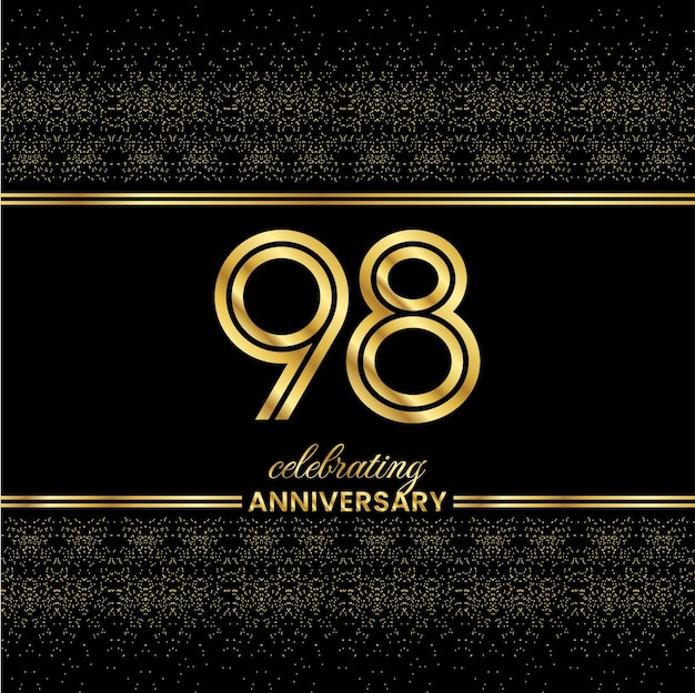 Вектор 98 golden double line number юбилейная обложка приглашения с блестками, разделенными золотыми двойными линиями на черном фоне