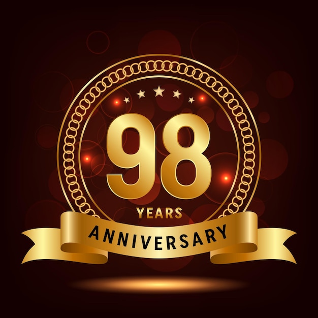 98th Anniversary Logo Golden number with sparkling confetti and ribbon Vector Template