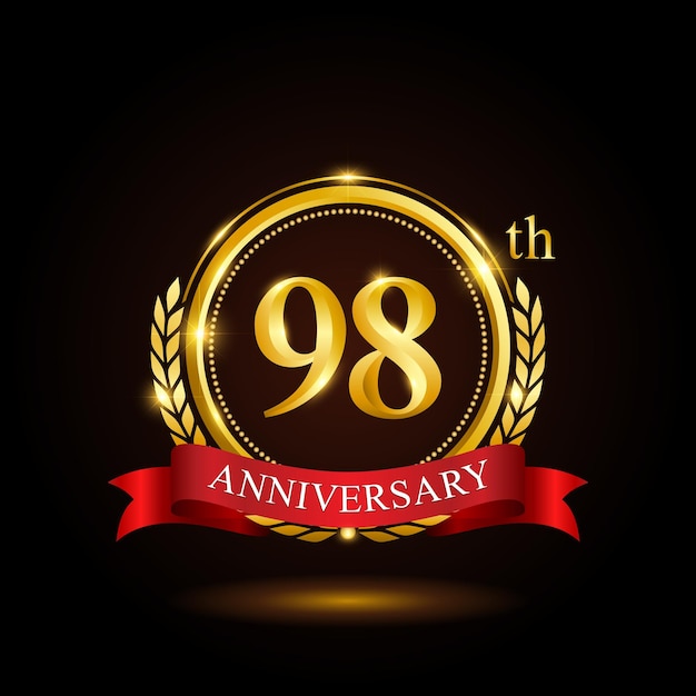 98th golden anniversary template design with shiny ring and red ribbon laurel wreath isolated on black background logo vector