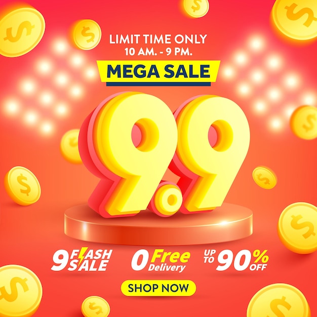 99 shopping day poster or banner with flying gold coins