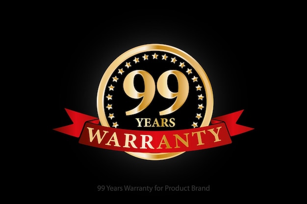 99 years warranty golden logo with ring and red ribbon isolated on black background