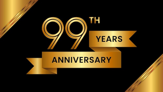 99th anniversary template design with golden ribbon style and double line numbers