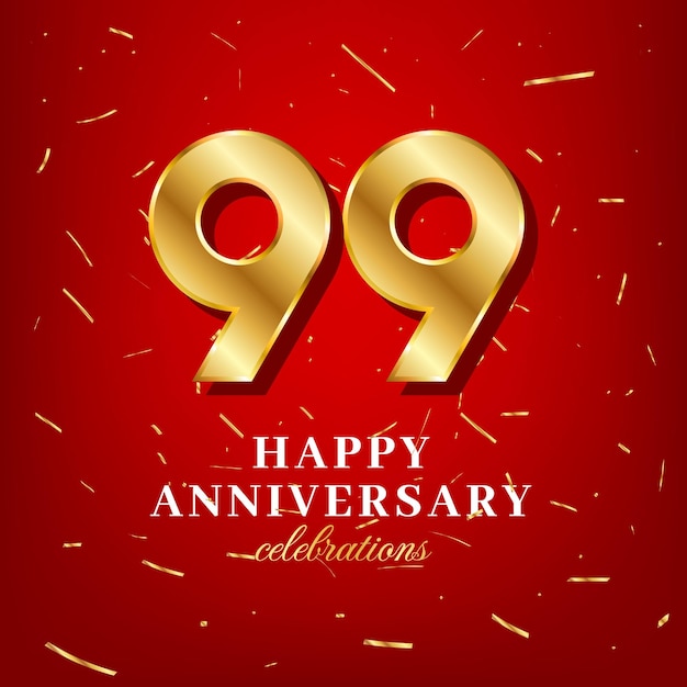 99th anniversary vector template with a golden number and golden confetti spread on a red background