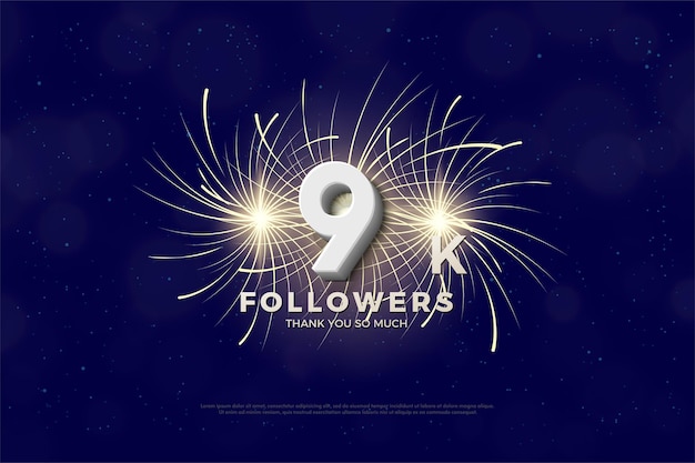 Vector 9k followers with numbers and fireworks