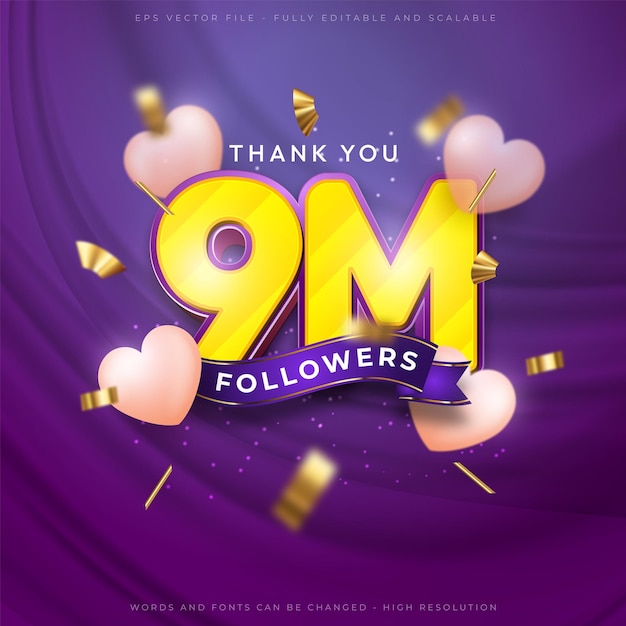 9M thank you social media followers and subscribers with editable font 3d style effect