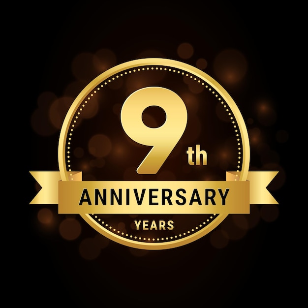 9th anniversary anniversary celebration template design with gold ribbon Logo vector illustration