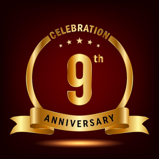 Дизайн логотипа празднования 9-летия с кольцом и золотой лентой Logo Vector Template