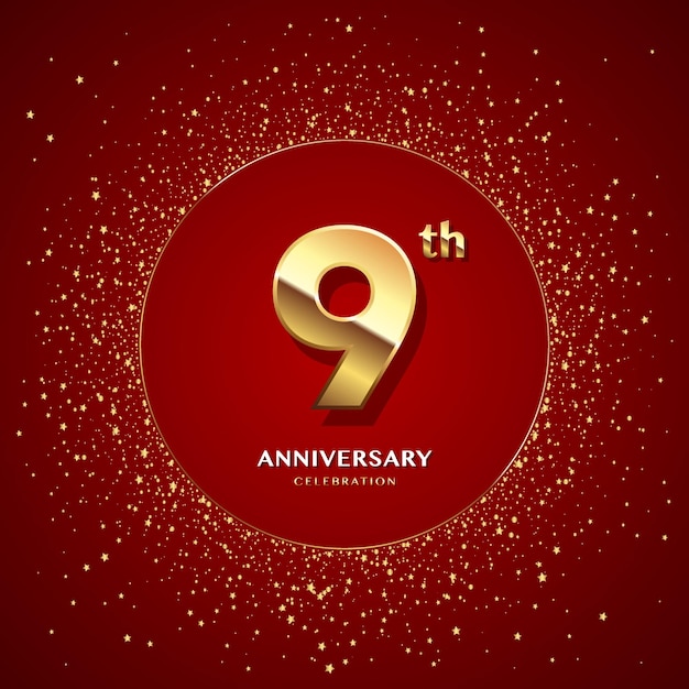 9th anniversary logo with gold numbers and glitter isolated on a red background