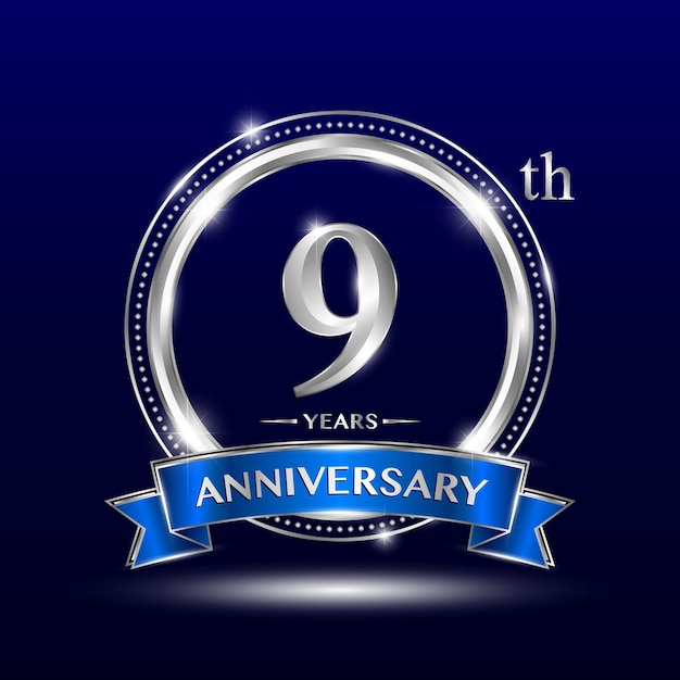 Vector 9th anniversary logo with retro style silver number and text with blue ribbon vector design