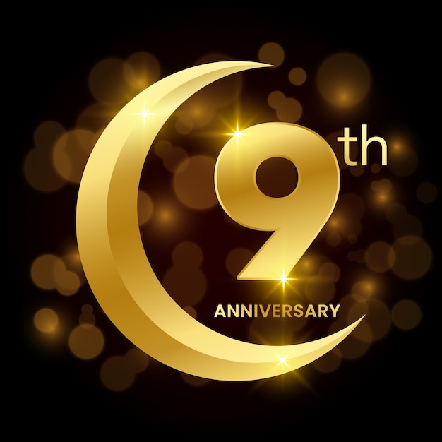 Дизайн шаблона 9-й годовщины с концепцией золотого полумесяца Logo Vector Template