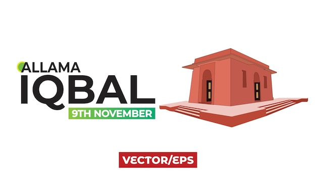 Vector 9th november. allama muhammad iqbal logo design in english with mazar e iqbal, lahore