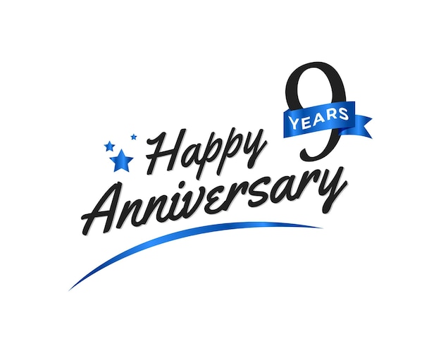 Vettore celebrazione dell'anniversario di 9 anni con blue swoosh e blue ribbon symbol template design illustration